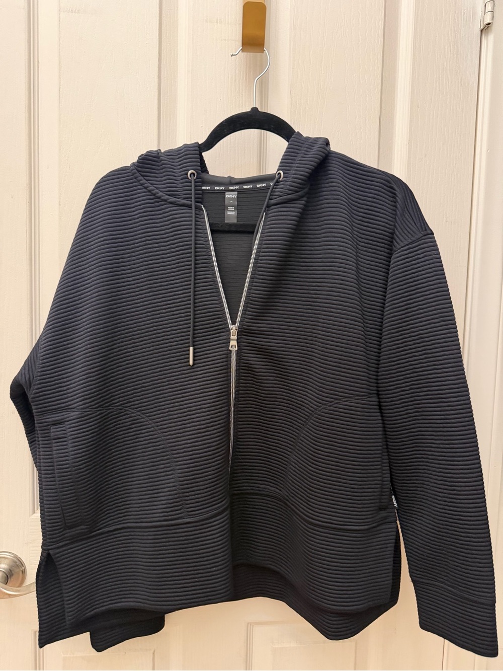 DKNY Black Ribbed Zip-Up Hoodie Bomber Jacket